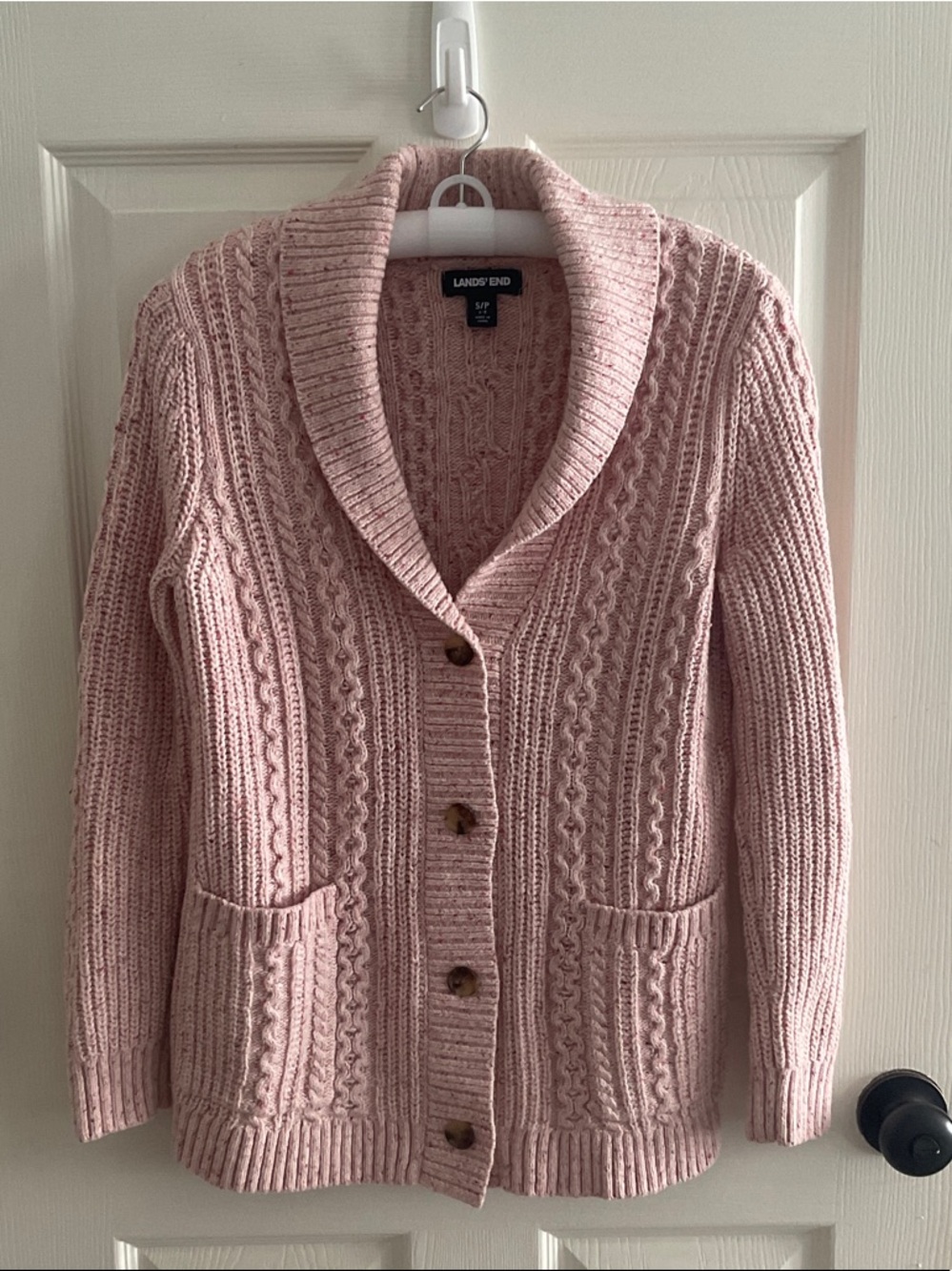 Lands' End Dusty Pink Cable Knit Shawl-Collar Cardigan